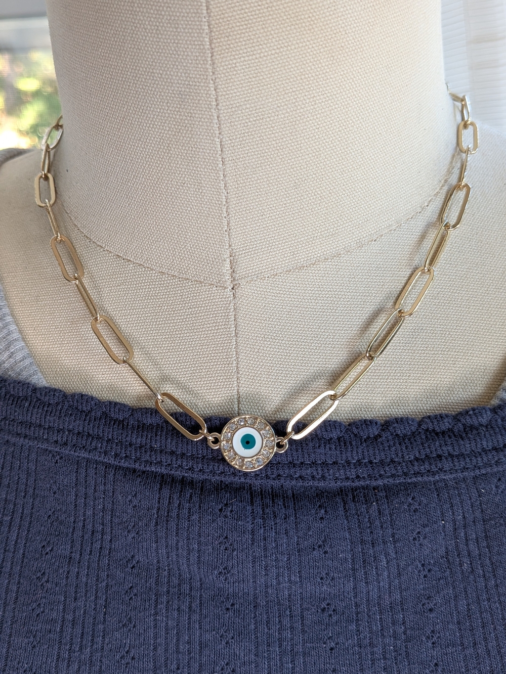 Gold Tone Rhinestone Evil Eye Paperclip Chain Link Choker Necklace